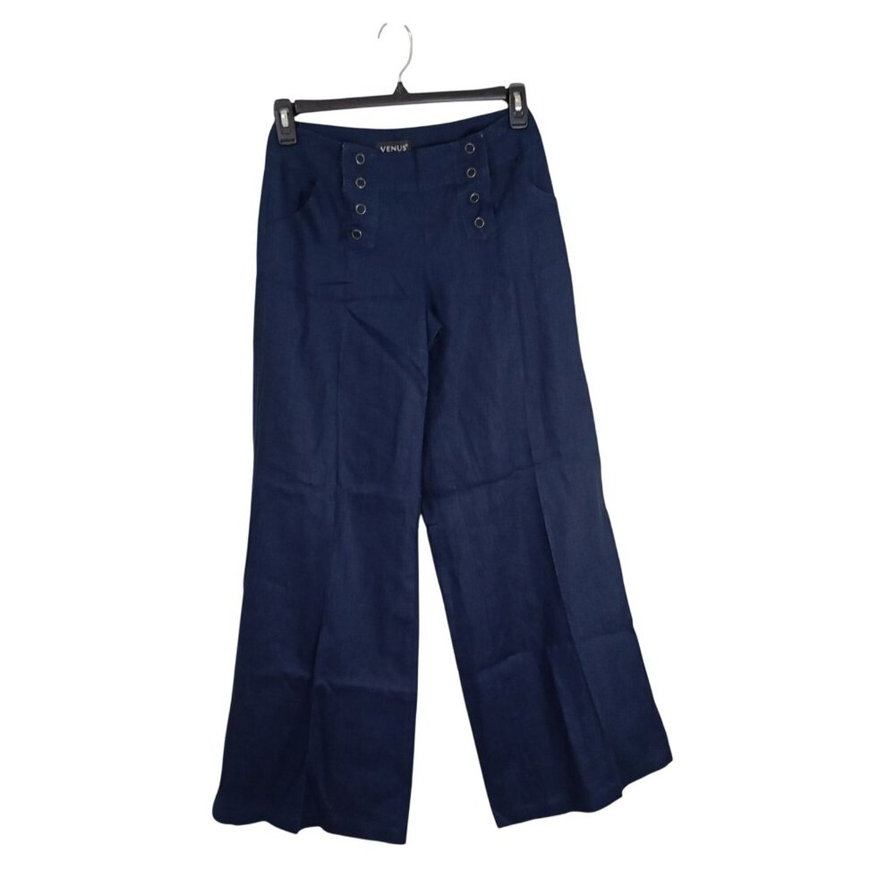 Venus Navy Wide-Leg Linen Pants With Button Detailing Size 4 Womens